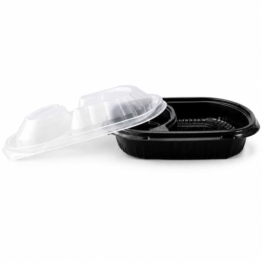 Keep your meals fresh and well-organized with our Black Base 2 Section Container. Designed with two separate compartments, it's perfect for serving different food items without mixing them. Strong, lightweight, and made from food-grade material, this container is ideal for restaurants, takeaways, catering services, meal prep, and food delivery. Its sleek black finish gives every meal a clean and professional presentation. Packing: 250 pieces per carton