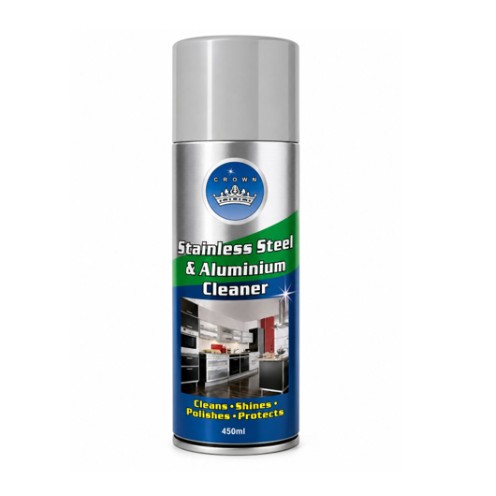 Crown Stainless Steel & Aluminium Cleaner 450ml is specially made to clean and shine stainless steel and aluminium surfaces. It helps remove dirt, grease, fingerprints, and stains, leaving surfaces looking clean and polished. This easy-to-use cleaner is suitable for kitchen appliances, metal surfaces, equipment, and fixtures in homes, offices, restaurants, and commercial areas. The 450ml bottle is convenient for regular cleaning and helps maintain the original shine of metal surfaces.